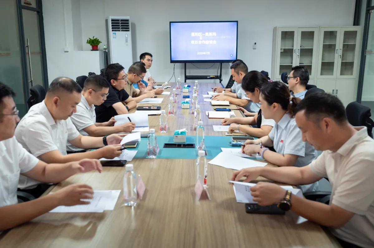 恩阳区政府代表团莅临奥斯玛，与公司高管举行投资促进会议，全景视角展现政企合作深入交流现场。