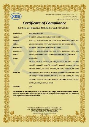 奥斯玛折弯机CE认证证书图片，展示产品符合欧洲安全和质量标准的官方证明。